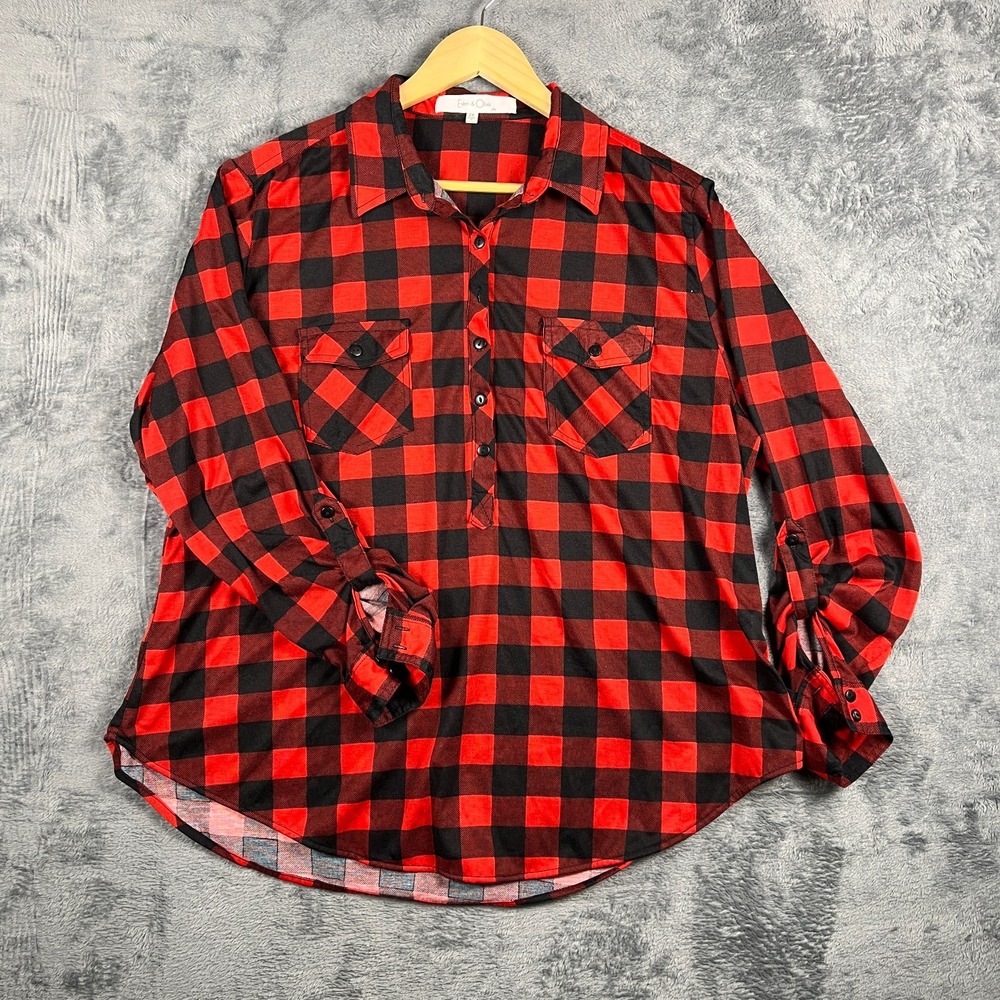 Eden & Olivia Flannel Top Womens 2X Plus Red Black Buffalo Plaid Roll Tab Sleeve